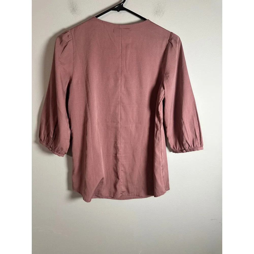 Banana Republic Mauve Crochet V-Neck Blouse 3/4 Puff Sleeve Dusty Rose Womens XS